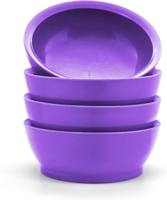 Large Non-Spill Plastic Bowl Set - 28oz Reusable Kitchen Bowls with Concave Inner Lip and Non-Slip Base - For Cereal, Soups, Mixing and Serving - Set of 4 - Sunset Purple