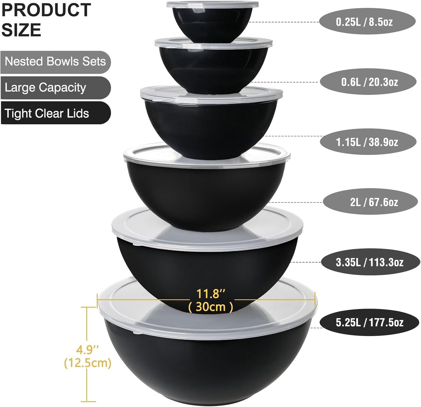 6-Piece Plastic Mixing Bowl Set with Lids for Kitchen, Nesting Storage Bowls for Baking, Prepping,Cooking and Serving Food, Dishwasher, Microwave Safe,Great for Mixing & Serving(6 Set-Black)