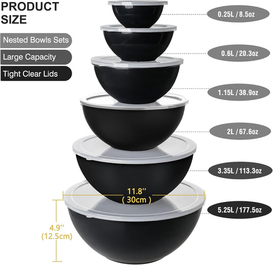 6-Piece Plastic Mixing Bowl Set with Lids for Kitchen, Nesting Storage Bowls for Baking, Prepping,Cooking and Serving Food, Dishwasher, Microwave Safe,Great for Mixing & Serving(6 Set-Black)