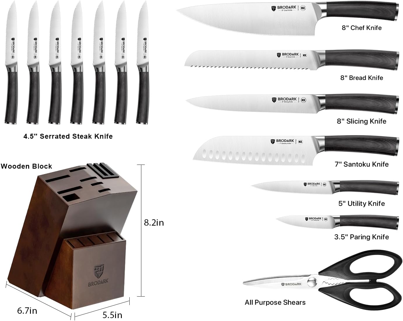 BRODARK Kitchen Knife Set, Ultra Sharp 15 Pcs Knife Set with Block, Full Tang Chef Knives, High Carbon Stainless Steel Knife Block Set with Sharpener, Wooden Handle