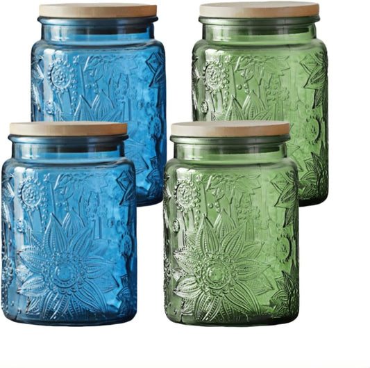 ANSQU 4-Pack Vintage Glass Jars with Airtight Lids, 23.7oz Glass Food Storage Containers for Kitchen Pantry Coffee, Tea, Candy, Cookie, Decorative Mason Jar (Blue&Green)