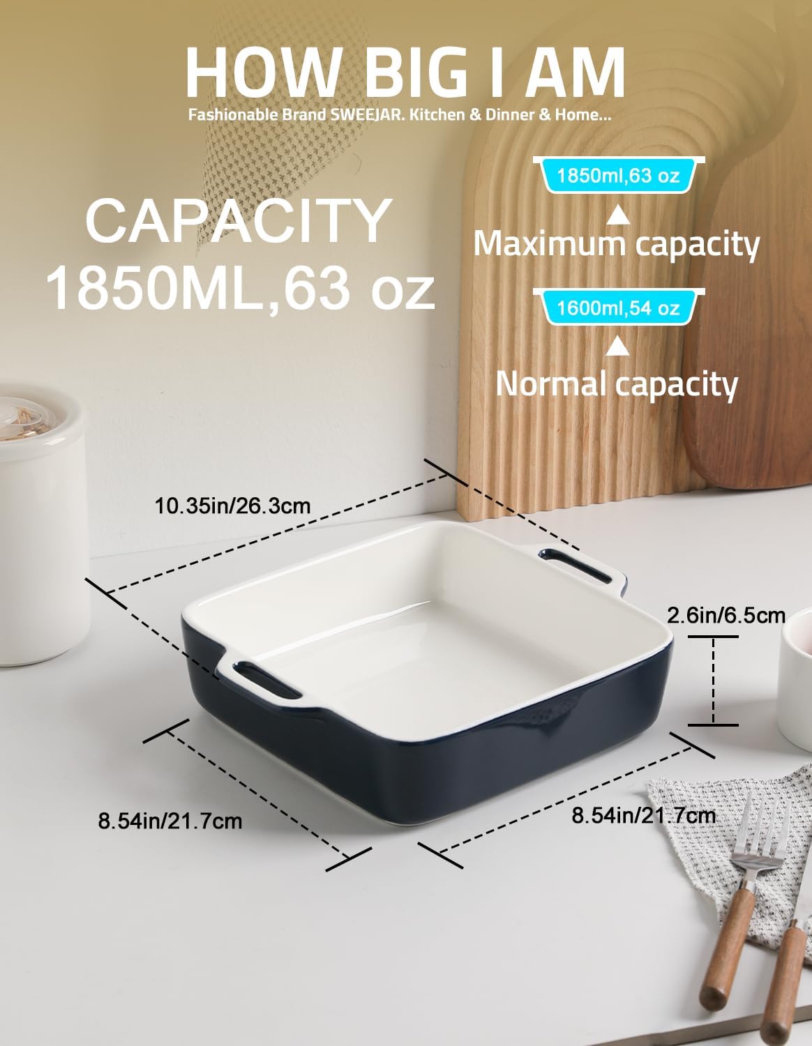 Sweejar 8x8 Baking Pan,Ceramic Casserole Dishes for Oven with Double Handles，2 QT Square Cake Baking Dish for Brownie,Lasagna,Casseroles,Family Dinner (Navy)