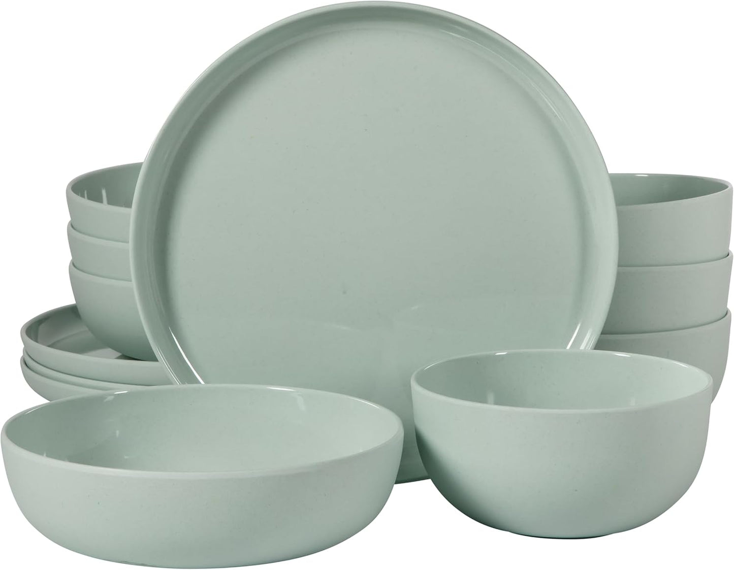 Gibson Home Candy Skies 12 Piece Unbreakable Wheat Straw Melamine Plates and Bowls Dinnerware Set - Outdoor, Camping, & Everyday Use - Matte Exterior/Shiny Interior Green