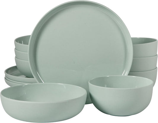 Gibson Home Candy Skies 12 Piece Unbreakable Wheat Straw Melamine Plates and Bowls Dinnerware Set - Outdoor, Camping, & Everyday Use - Matte Exterior/Shiny Interior Green