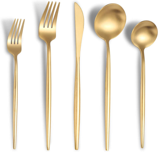 Lemeya Matte Gold Silverware Set for 8,Modern Stainless Steel Brushed Cutlery Set,40-Pieces Heavy Duty Flatware Set,Knives Spoons and Forks Set Utensils Set,Satin Finish,Dishwasher Safe