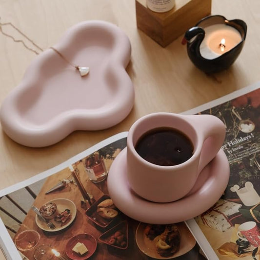 WENSHUO Chubby Funny Coffee Mug, Novelty Cute Cup and Saucer, Matte Crème, 9 oz (Matte Soft Pink)