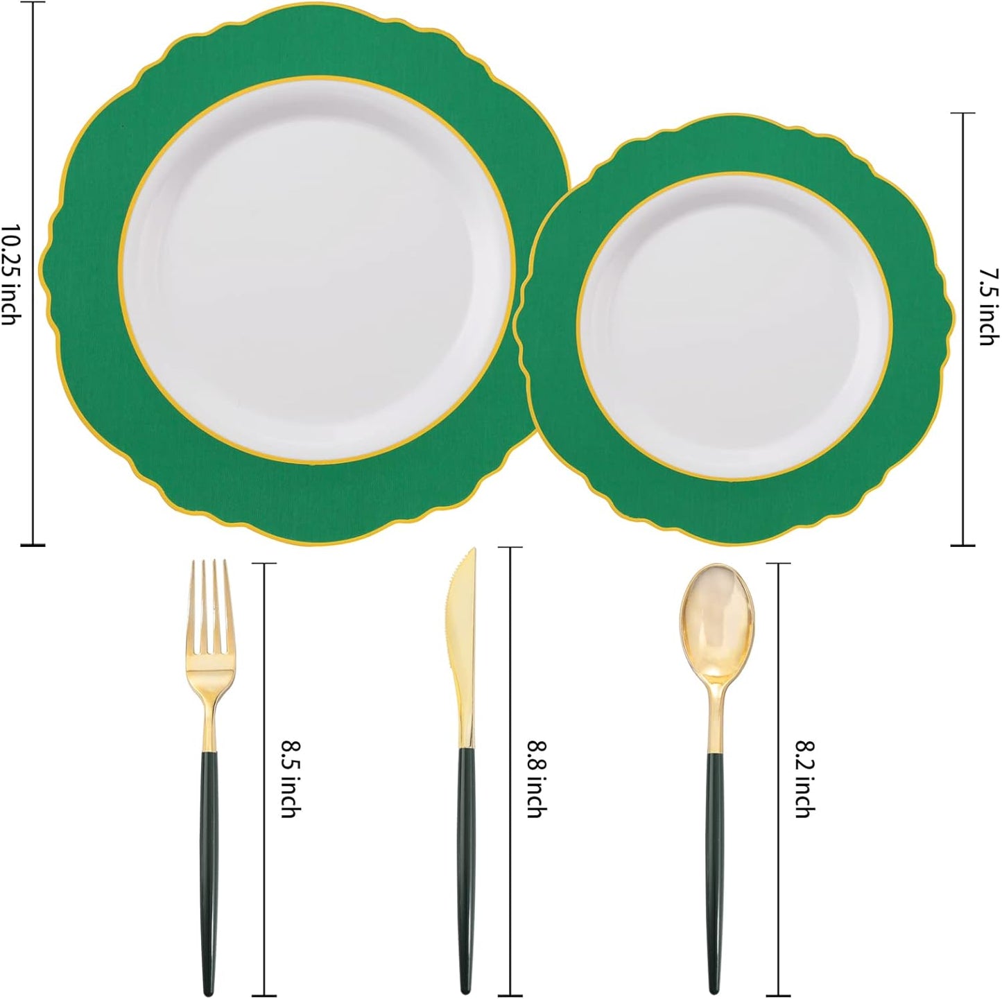 WDF 30Guest Christmas Plates Disposable - Gold Plastic Silverware With Green Handle - Christmas Plastic Plates - Baroque Green &Gold Plastic Dinnerware for Christmas Plates Party