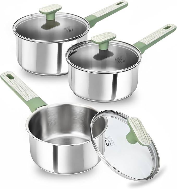 KOCH SYSTEME CS Stainless Steel Sauce Pan Set, 1.5QT & 2QT & 3QT Stainless Steel Pot Set with Lid, Triply Base Sauce Pan Set with Bakelite Handle, Induction Compatible Saucepans, Easy to Clean, 6 PCS