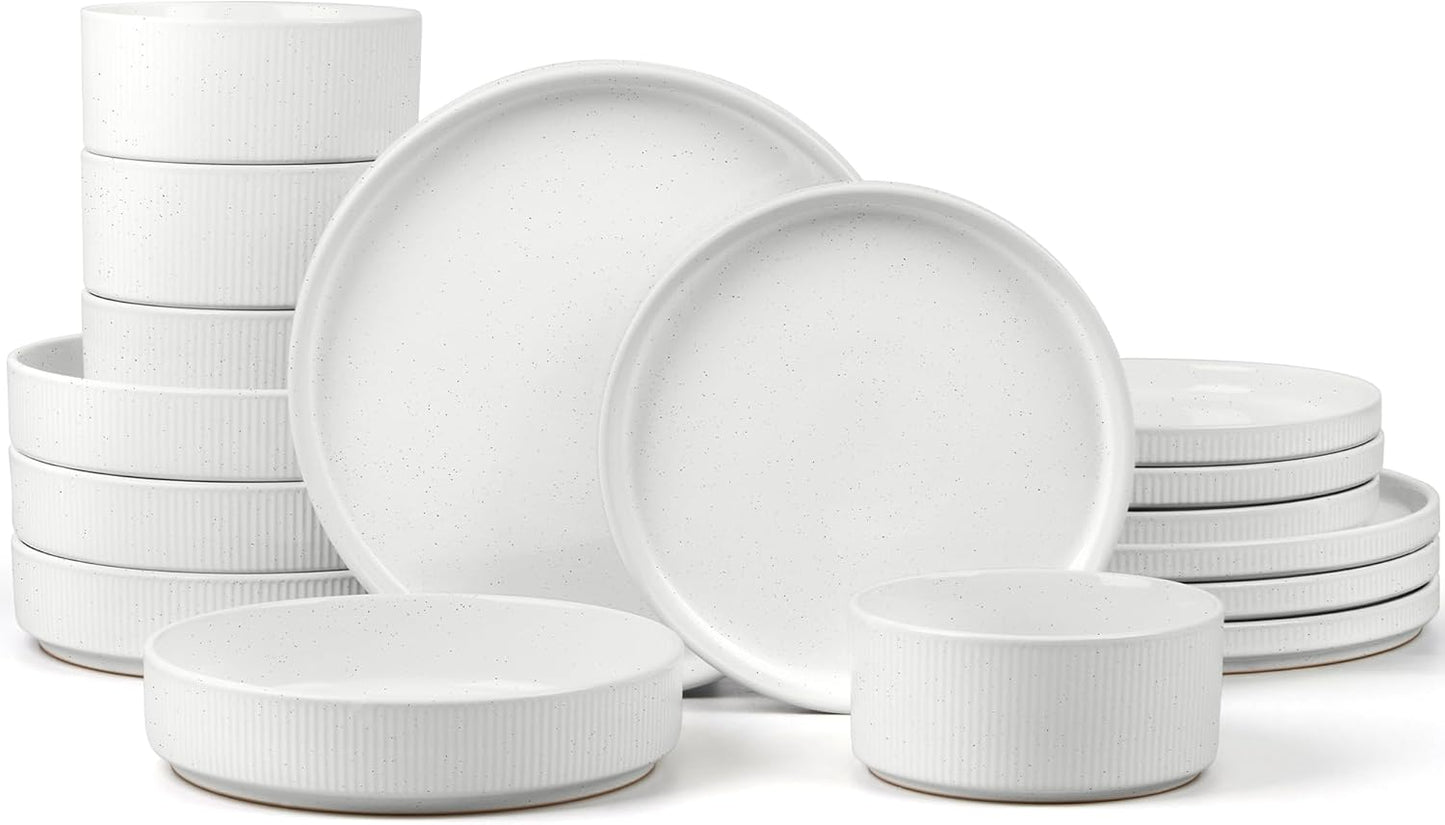 E-far 16 Piece Dinnerware Sets, Plates and Bowls with Pasta Bowls Service for 4, Modern Stoneware Ribbed Dishes for Kitchen Dining, Microwave & Dishwasher Safe, Speckled White