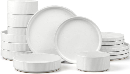 E-far 16 Piece Dinnerware Sets, Plates and Bowls with Pasta Bowls Service for 4, Modern Stoneware Ribbed Dishes for Kitchen Dining, Microwave & Dishwasher Safe, Speckled White