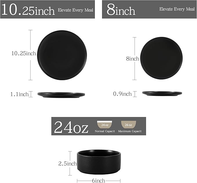 6 Piece Ceramic Dinnerware Set for 2, Modern Minimalist Stoneware Dinner Plates and Bowls, Microwave Safe, Dishwasher Safe, Versatile for All Seasons, Matte Black
