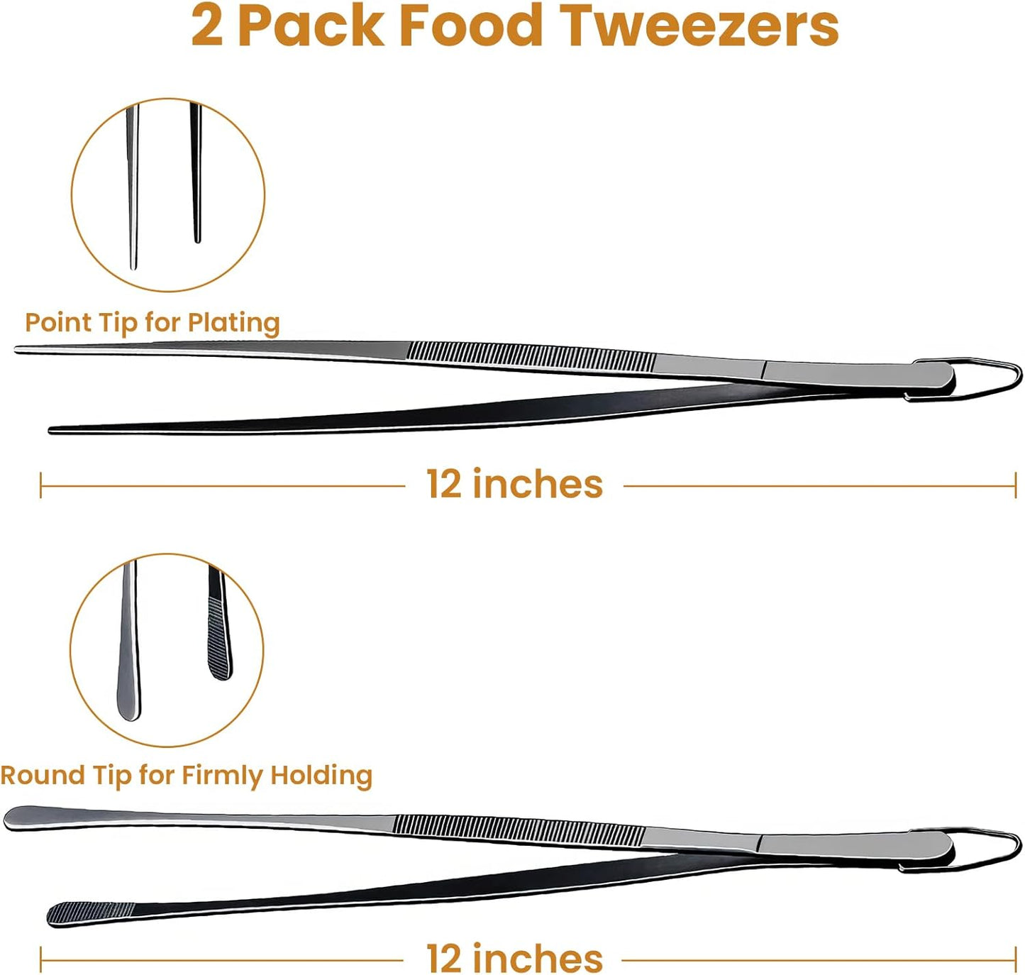 GEEKHOM 2 Pcs 12-Inch Black Professional Chef Tweezers, Stainless Steel Fine Tongs for Precision Cooking, Grilling, Meat and Baking