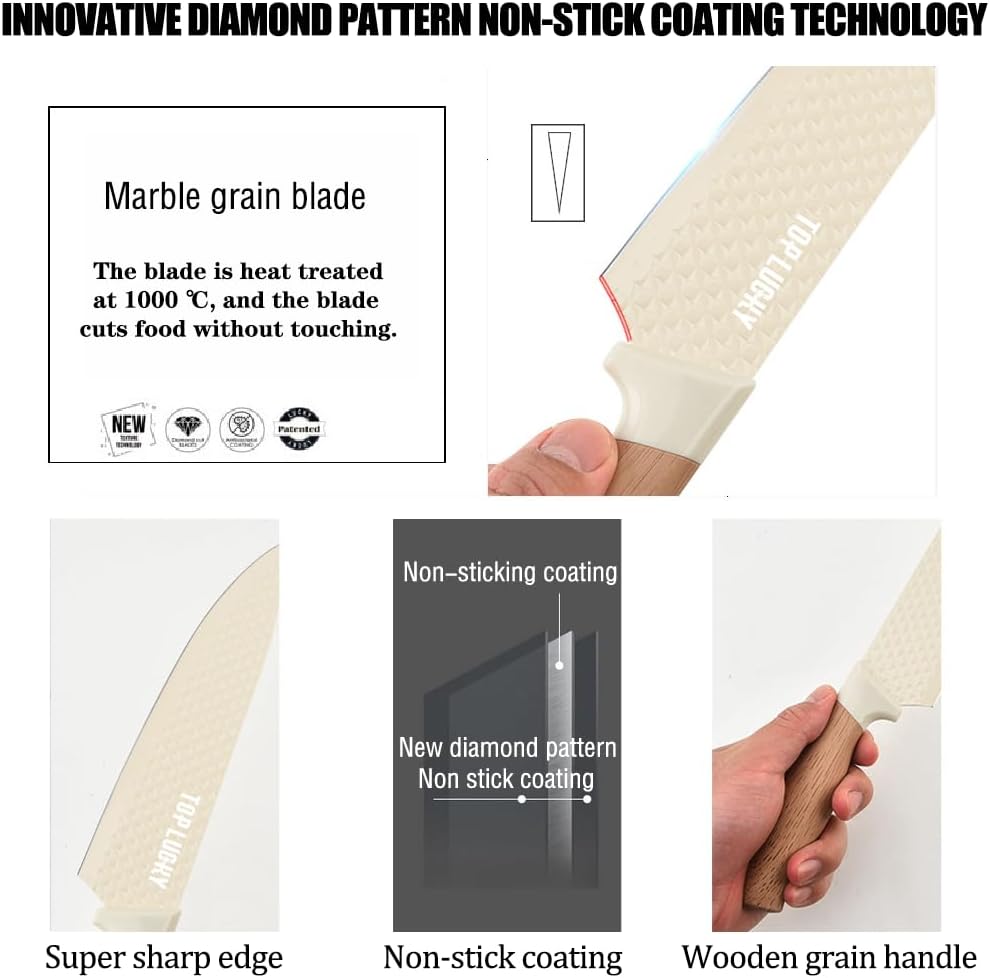 Knife Set, Wiztoynia 6-Piece Beige Kitchen Knife Set for Home, Anti-Rust Non-stick Stainless Steel Sharp Chef Knife Set with Universal Knife Block for Kitchen, Ergonomical Design (Beige)