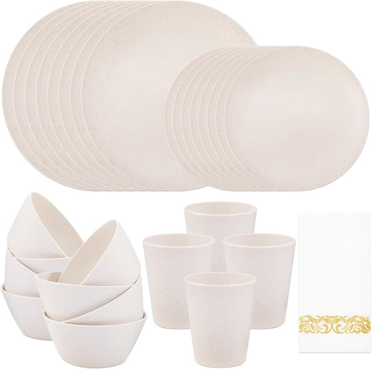 Supernal 32pcs Wheat Straw Dinnerware Sets Cream Color,Plates and Bowls Sets,Beige Plastic Dinnerware Sets, Dish Set for 8 with 25pcs Gold Napkins, Dishwasher Safe Plates