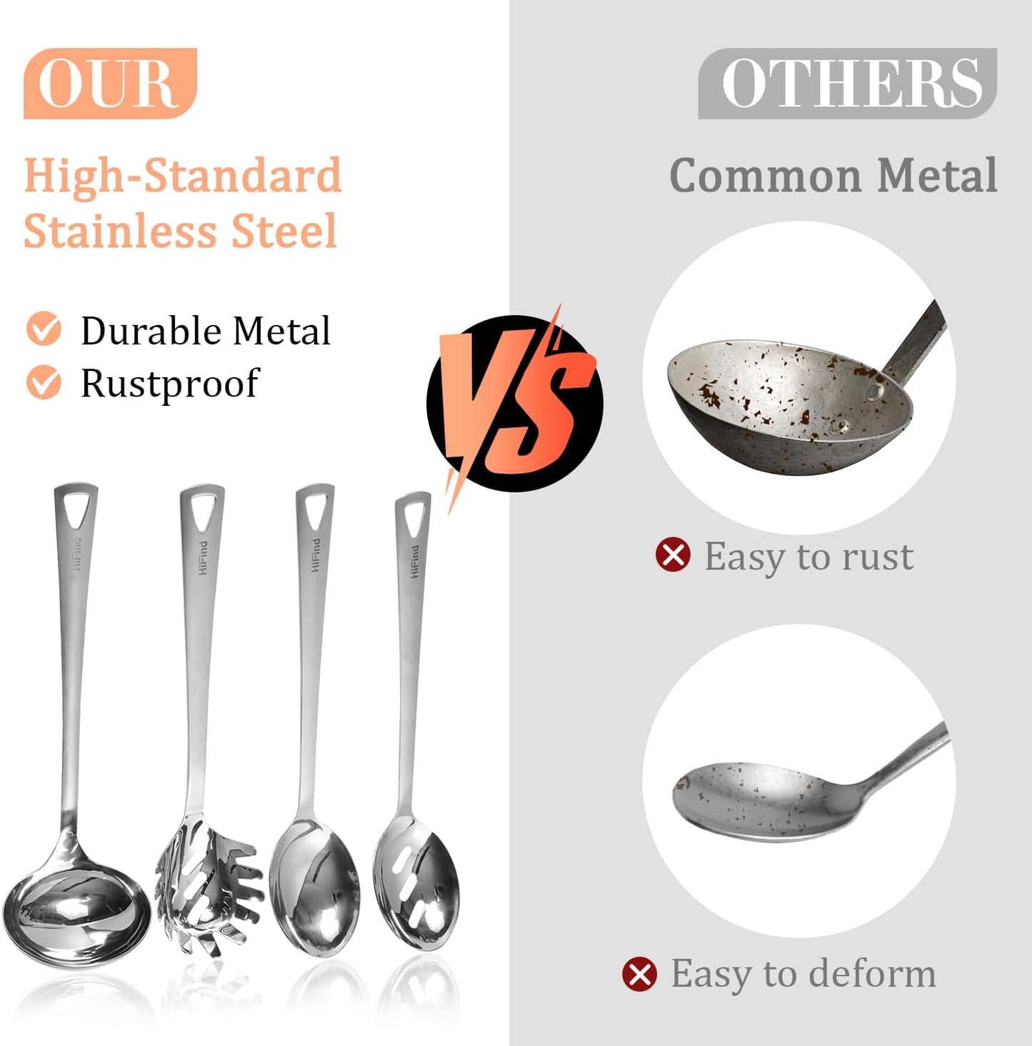 4PCS Cooking Utensils Set, Stainless Steel Kitchen Utensils Set, Durable Kitchenware Set for Cooking, Utensils Set with Slotted Serving Spoon, Spaghetti Fork, Ladle, Solid Serving Spoon