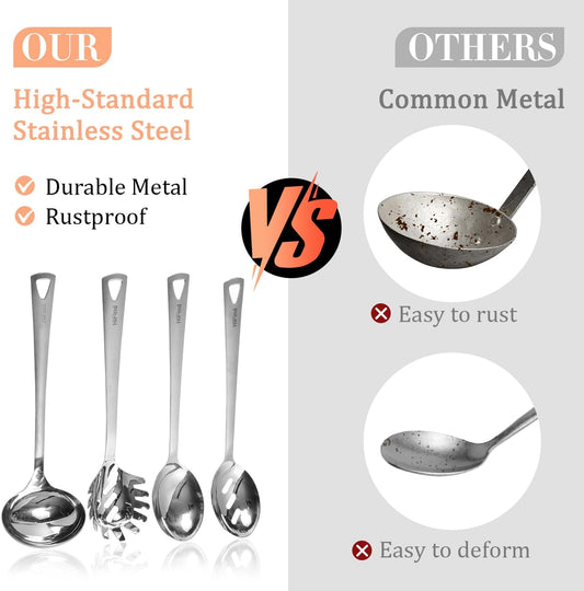 4PCS Cooking Utensils Set, Stainless Steel Kitchen Utensils Set, Durable Kitchenware Set for Cooking, Utensils Set with Slotted Serving Spoon, Spaghetti Fork, Ladle, Solid Serving Spoon