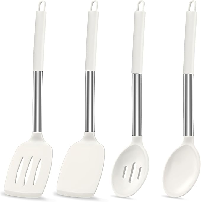 LIANYU Silicone Spatula and Cooking Spoon, 4 Pack Kitchen Cooking Utensils Set for Non-stick Cookware, Heat Resistant Solid & Slotted Spoons and Spatulas, Stainless Steel Handle, White