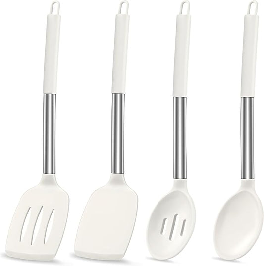 LIANYU Silicone Spatula and Cooking Spoon, 4 Pack Kitchen Cooking Utensils Set for Non-stick Cookware, Heat Resistant Solid & Slotted Spoons and Spatulas, Stainless Steel Handle, White