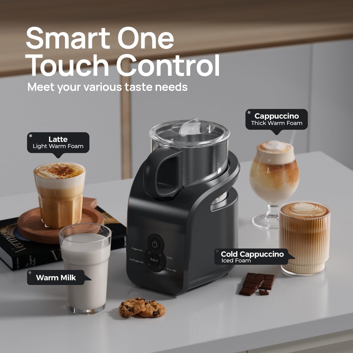 4-in-1 Milk Frother - Electric Steamer, Automatic Warm & Cold Cappuccino Foam Maker, 12.5oz Milk Warmer for Latte, Macchiato, Stainless Steel