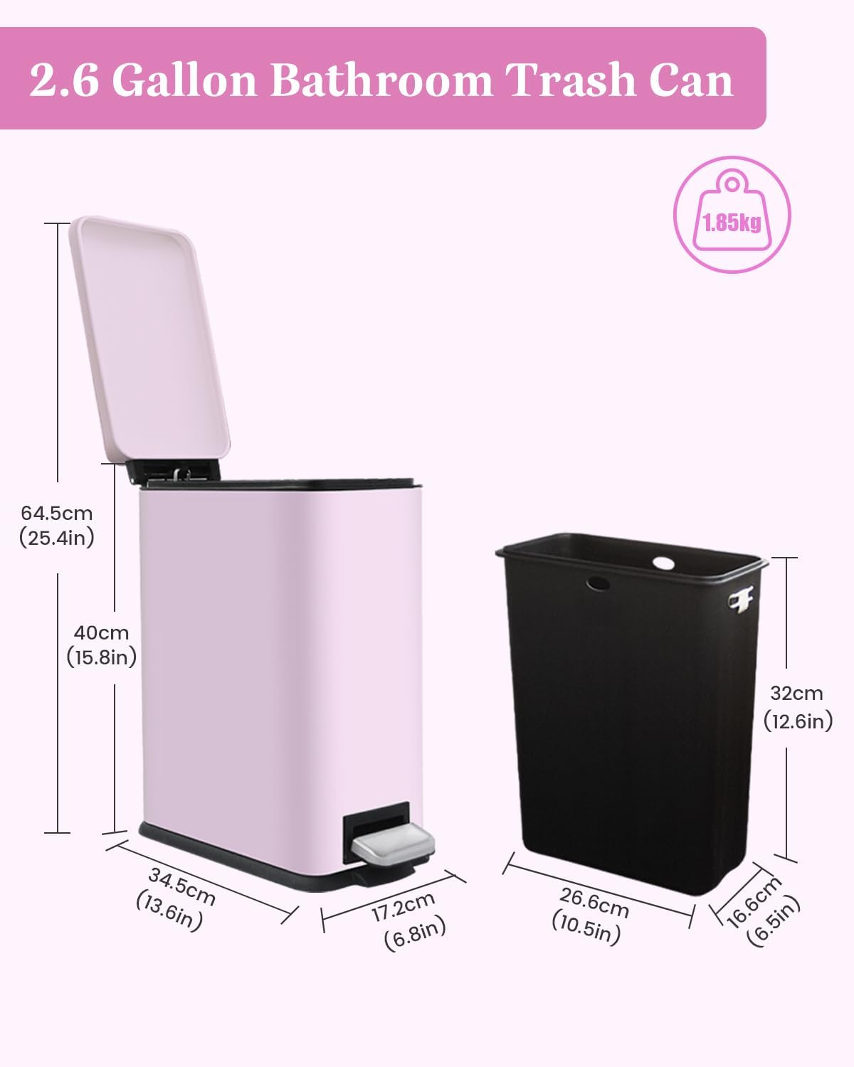 Bathroom Trash Can, 10L/2.6 Gallon Stainless Steel Slim Garbage Can, Pedal Trash Bin with Removable Liner Bucket, Soft Close Lid, Rectangle Trash Bin for Office, Kitchen, Bedroom, Pink