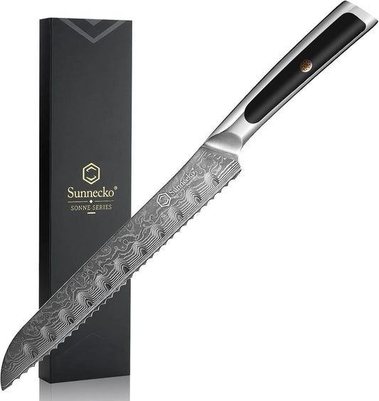 Sunnecko Bread Knife 8 inch, Serrated Bread Knife for Homemade Bread with 67-layers VG10 Damascus Steel Blade, Japanese Bread Knife with Solid Handle Bread Cutting Knife Bread Knives Cake Knife