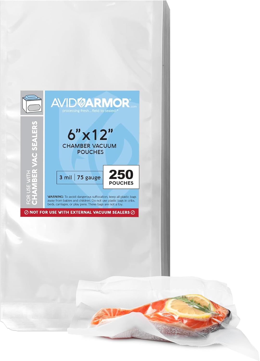 Avid Armor Chamber Vacuum Sealer Bags – Heavy Duty, BPA-Free, Pre-Cut Chamber Vacuum Bags for Food Preservation, Freezer Storage, Sous Vide and more, 250/Pack (Clear - 250, 6x12)