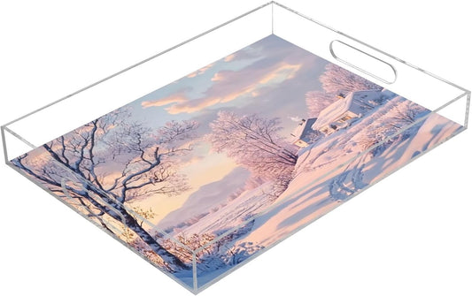 Acrylic Serving Tray with Handles Spill Proof Kitchen Storage Tray Clear Decorative Tray Makeup Drawer Organizer Storage Tray for Bathroom Living Room Ottoman 15.7x11.8Inches