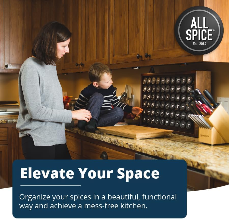 AllSpice Spice Rack Organizer, Wood, 525 Unique Labels, Countertop or Wall Mount, Includes 30 4oz Jars- Walnut Stain