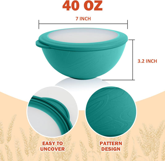 Wrova wheat straw bowls set of 4,40oz unbreakable salad bowl set with cover,alternative plastic bowls with cover for kitchen,party,camping and picnic. Green