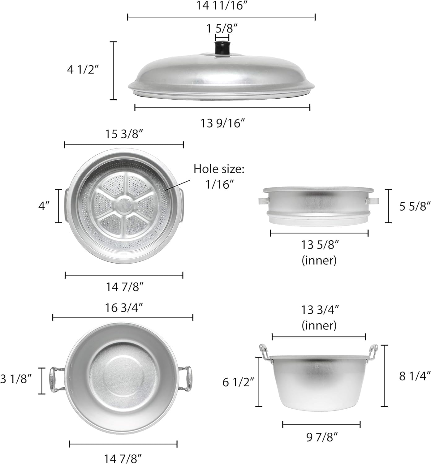 TrueCraftware- 15" x 20-1/4" Aluminum 3 Tier Steamer Set 1/8” hole size- Steamer for Cooking Pot Food Steam Pots with Lid for Cooking Vegetables Seafood Soups Stews and Pasta