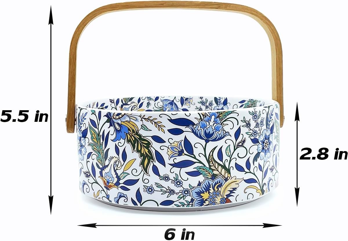 Ceramic Candy Bowl with Wood Handle Candy Dish Decorative Serving Bowl,Kitchen Dining Table Office Decor(White)