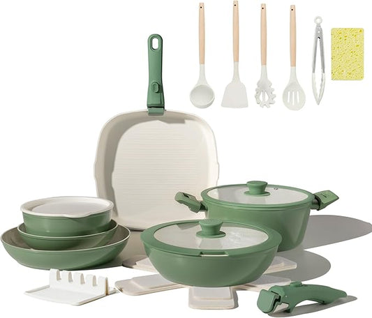 23pcs Ceramic Pots and Pans Set, Nonstick Detachable Handle Cookware, Induction Kitchen Cooking Set with Removable Handle,include Frying Pans & Saucepans Oven Safe(Green)