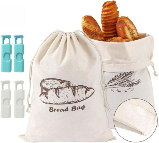 Bread Bags With Liner,2-Packs Linen Bun Bags With Liner for Homemade Container,17.3×11.6Inches Unbleached&Reusable Loaf&Baguette Storage,Natural Large Storage for Artisan Roll,With 4 pieces Bread Clip