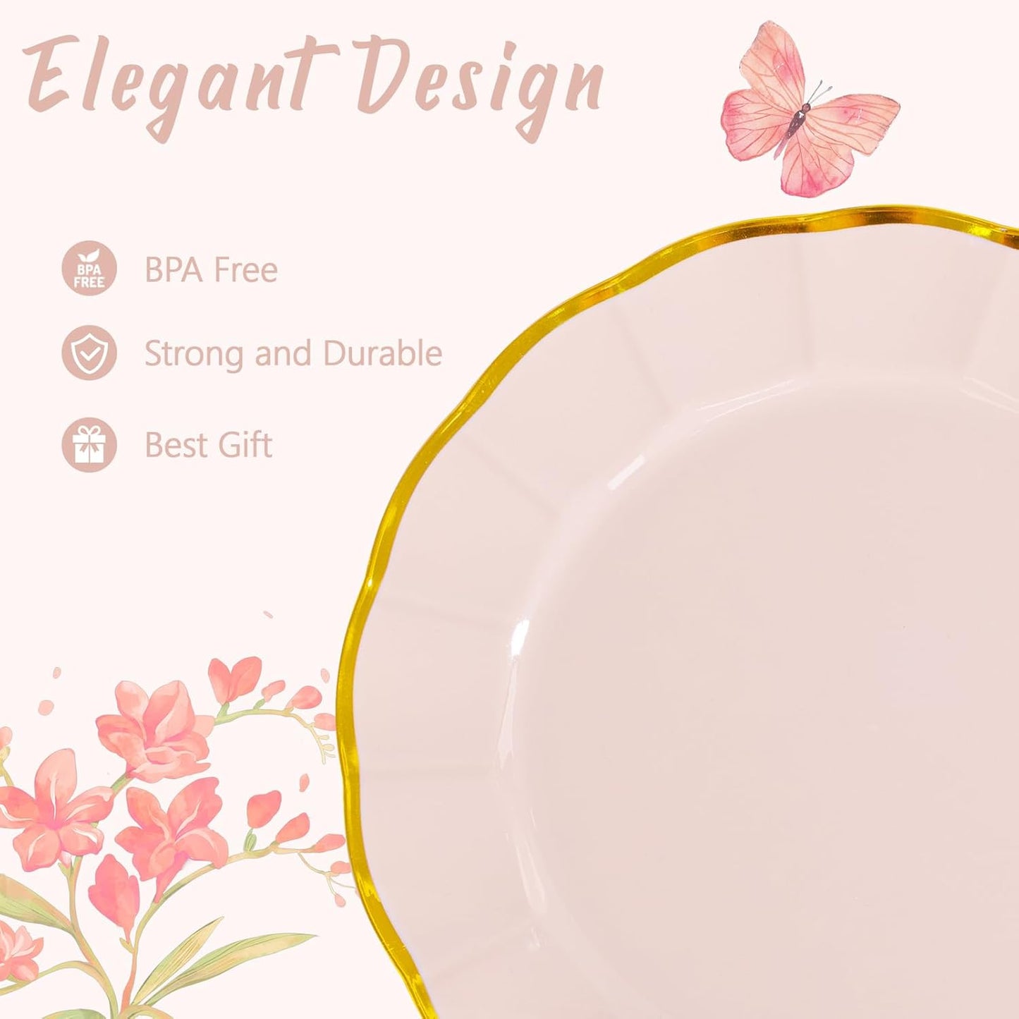 EI 150pcs Pink Plastic Plates with Gold Plastic Silverware,Pink Party Plates,Heavy Duty Plate Disposable,Gold Dinnerware Set for Birthday, Afternoon Tea,Wedding