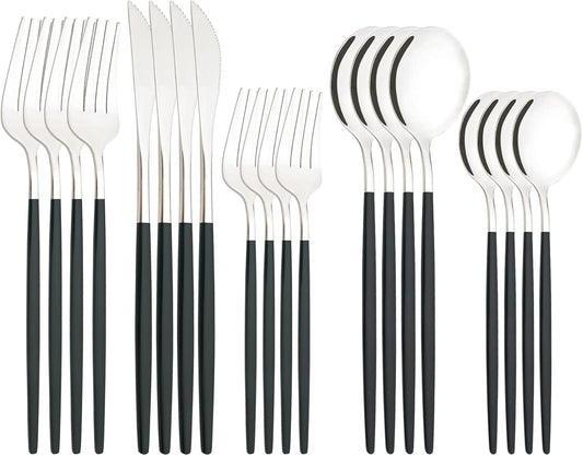 Silverware Set – 20 Piece Family Dinnerware Set – Flatware Set Service For 4 – Green Silver Tableware Sets – Cutlery Great For Family Gatherings & Daily Use – Spoons, Knives, Forks