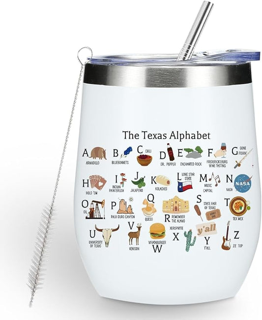 Cute Texas State Souvenirs Gifts Wine Tumbler,Texas Themed Gifts for Women Her Friend Coworkers Friendship Birthday Christmas Coffee Cup Insulated Stainless Steel 12oz Wine Glass with Lid, Straw