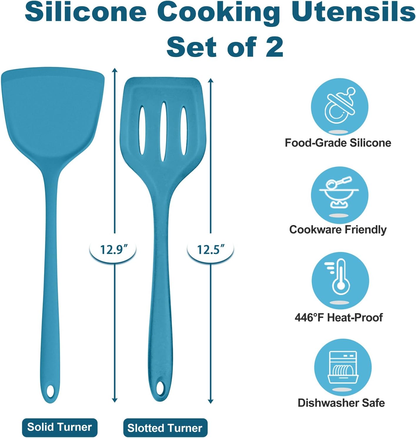 TeamFar Silicone Spatulas Set of 2, Solid & Slotted Cooking Turner for Non-stick Cookware, for Flipping/Turning/Frying, Healthy & Seamless, Heat-Resistant & Non-Scratch, Dishwasher Safe, Dark Blue
