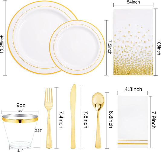 GATHER 176 Pieces Gold Dinnerware Disposable - White and Gold Plastic Plates Includes 50 Plates, 25 Plastic Silverware, 25 Napkins, 25 Cups and 1 Tablecloth for Wedding Party Thanksgiving