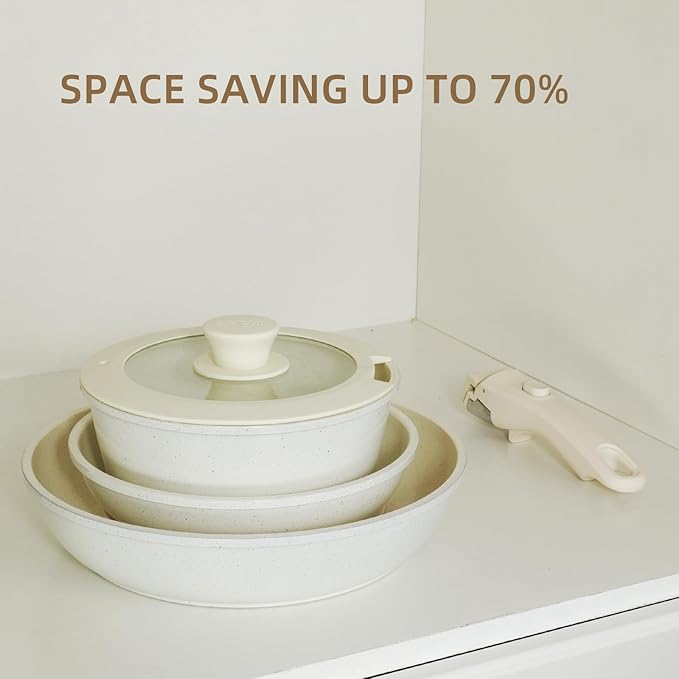 8Pcs Pots and Pans Set Nonstick Ceramic Cookware Set Removable Handle Induction Kitchen Cooking Set with Frying Pans and Sauce Pan, Cream White