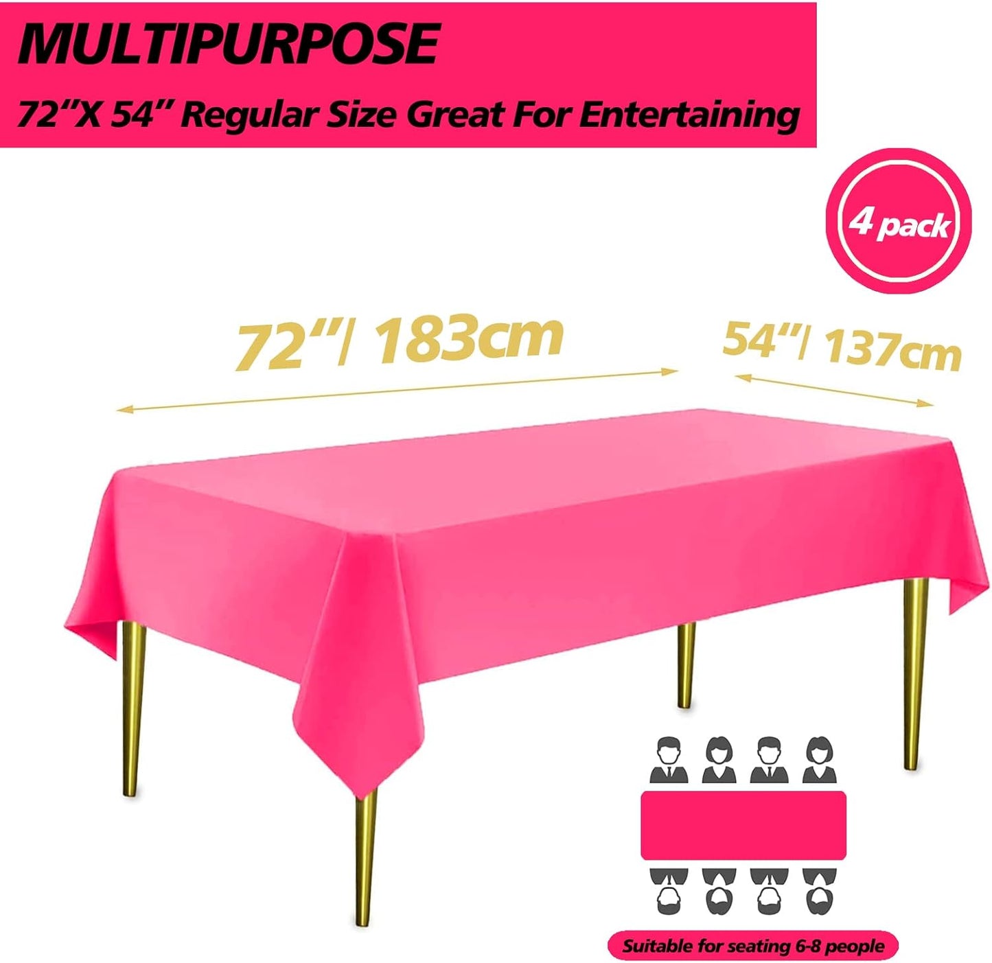 Hot Pink Plastic Table Cloth 4 Pack Disposable Cover for Girls Party, Baby Shower, Gender Reveal, Birthday Decorations 54" X 72" (Hot Pink 4 Pack)