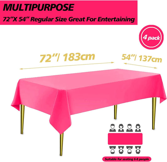 Hot Pink Plastic Table Cloth 4 Pack Disposable Cover for Girls Party, Baby Shower, Gender Reveal, Birthday Decorations 54" X 72" (Hot Pink 4 Pack)