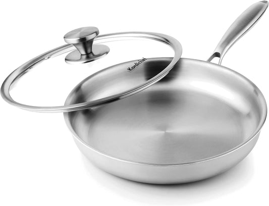 10 Inch Stainless Steel Frying Pan with Lid, Tri-Ply Healthy Stainless Steel Cookware, Pan, Skillet on Induction, Ceramic and Gas Cooktops, PFOA Free Cooking Pan, Dishwasher Safe