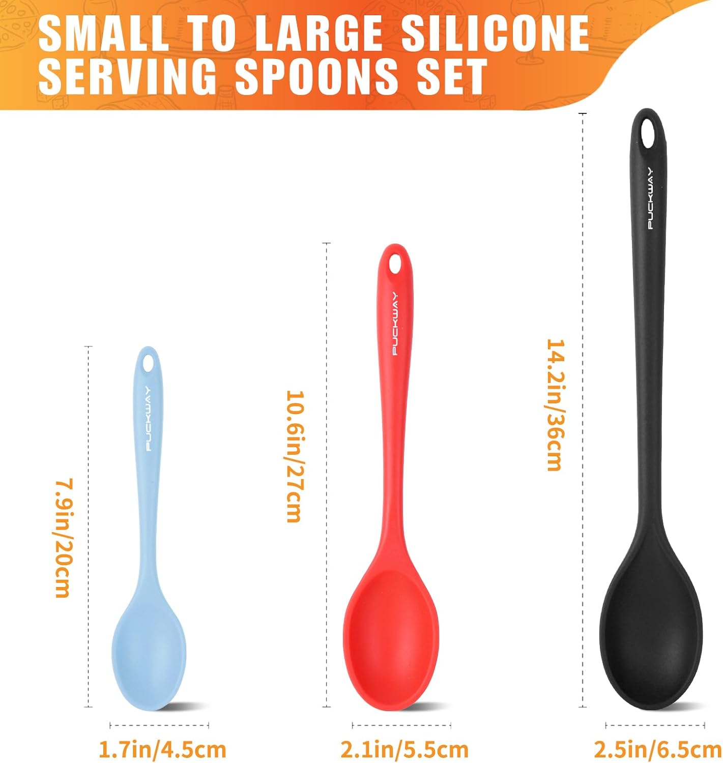 3 Pcs Silicone Spoons Set of 7.9 10.6 14.2 inch for Cooking, Heat Resistant Kitchen Spoons for Mixing, Stirring, and Serving, Small to Large Non Stick (Black & Red & Blue)
