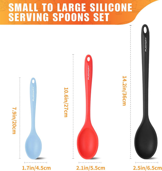 3 Pcs Silicone Spoons Set of 7.9 10.6 14.2 inch for Cooking, Heat Resistant Kitchen Spoons for Mixing, Stirring, and Serving, Small to Large Non Stick (Black & Red & Blue)