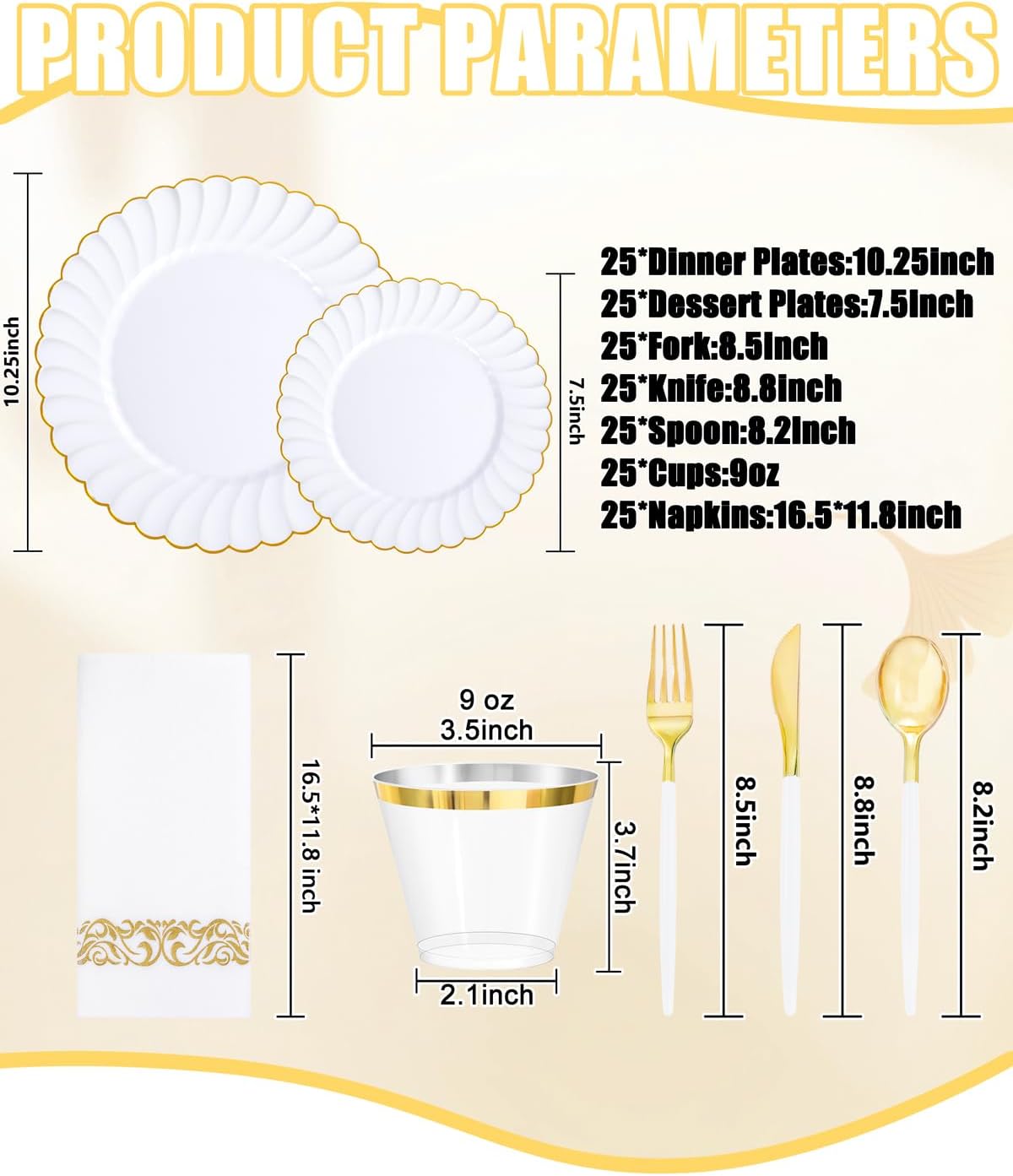 Ciaell 175 PCS White Scalloped Plastic Plates with Gold Trim - Gold Plastic Silverware with Handle - Fancy High-End Dinnerware Sets for Wedding & Showers & Party & Thinksgiving (25 Guests)