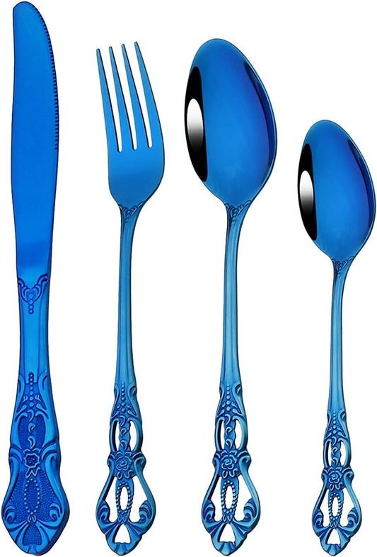 Royal 24-piece Blue Mirror Silverware Dinnerware, 18/10 Stainless Steel Luxury Flatware Service For 6 Include Knives/Forks/Spoons/Teaspoons, Dishwasher Safe