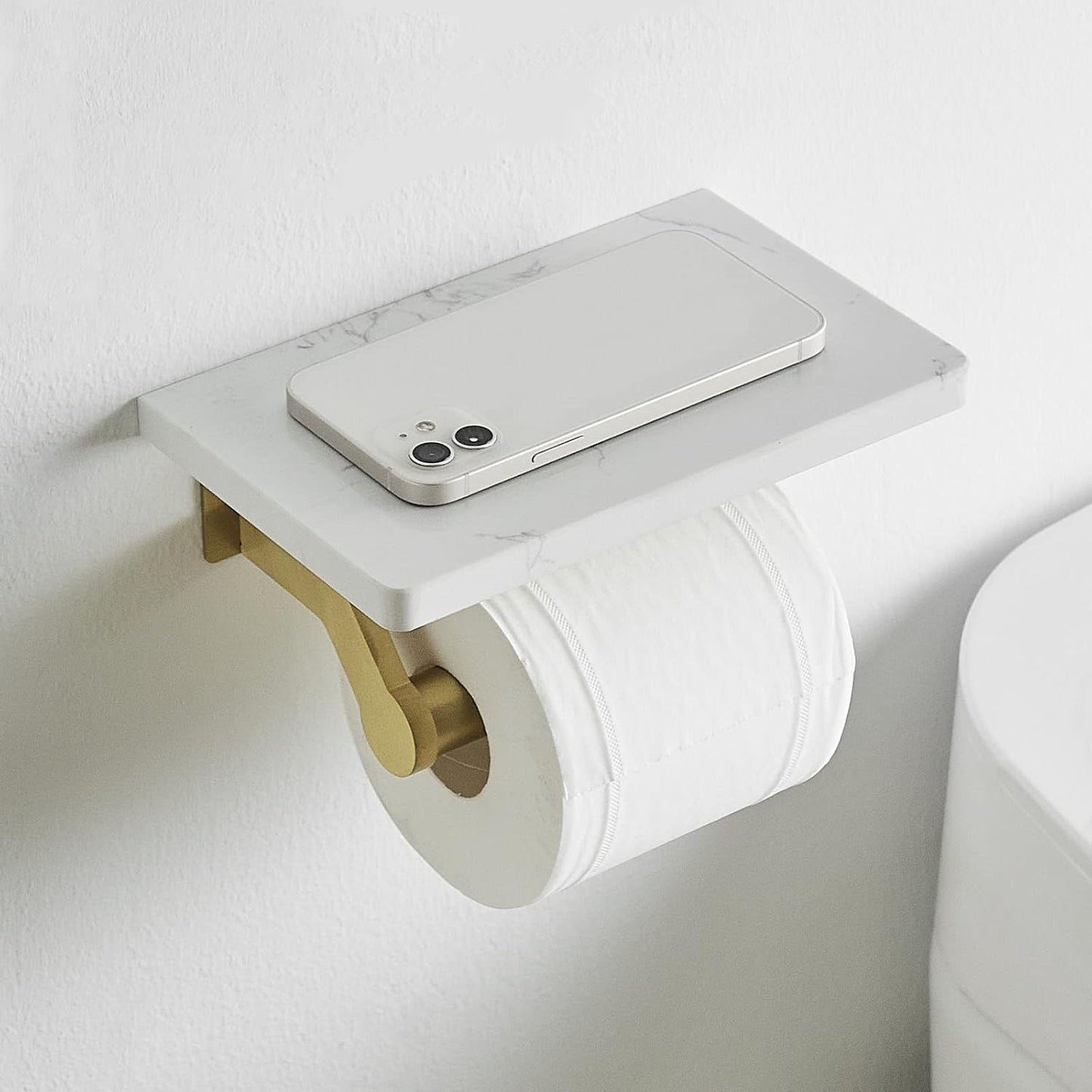 Hoimpro Brushed Gold Aluminum Toilet Paper Holder with White Natural Marble Shelf, Wall Mounted Tissue Hand Paper Roll Storage Holder for Bathroom Kitchen Washroom Bedroom