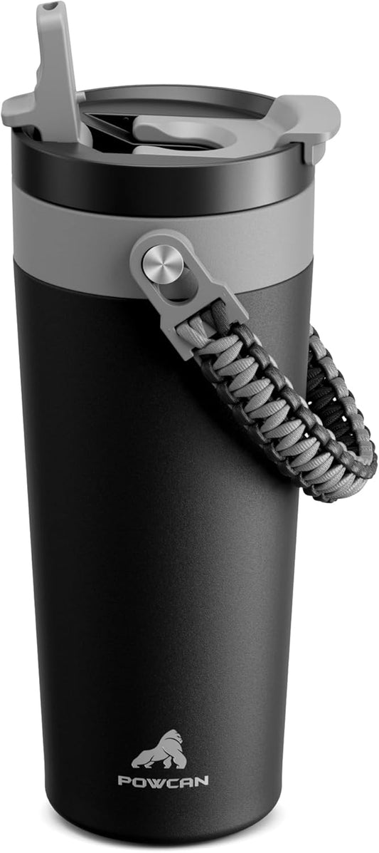 24 oz Insulated Coffee Mug for Office: 2-in-1 Straw Flip Lid, Keep Cold 24H, Fit in Car Cupholder, Leakproof, Stainless Steel Coffee Tumbler with Handle for Travel, Outdoor, Gifts and Home (Midnight)