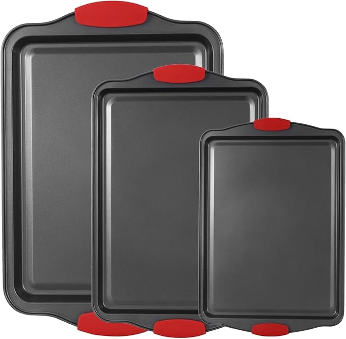 3-Piece Baking Pan Set - Nonstick Cookie Sheets with Silicone Handles, Carbon Steel Bakeware for Oven, Stackable Baking Trays Set - Home Kitchen Bakeware