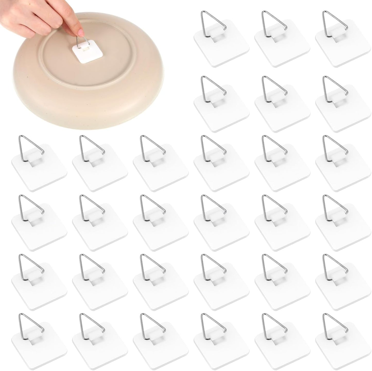 30 Pcs Invisible Adhesive Plate Hangers, Foamboard Picture Hanging Hooks Without Nails Plastic Sticky Photo Hooks for Home Wall Art Photo Frame Bathroom Closet (Square)